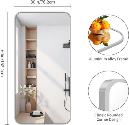 FORBATH 30x60 Inch Silver Bathroom Mirror for Over Sink, Large Rectangular Wall Mirror with Metal Frame, Rounded Corners for Bathroom, Bedroom, Entryway Decor (Horizontal or Vertical)