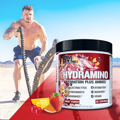 Evlution Nutrition HYDRAMINO Complete Hydration Multiplier, All 6 Electrolytes, Vitamin C & B, Fluid Boosting Aminos, Coconut Water, Endurance, Recovery, Antioxidants, 30 Serve, Fruit Punch