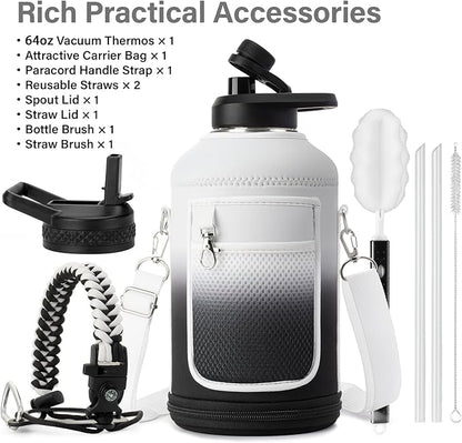 Insulated Water Bottle | Thickened Stainless Steel Vacuum Metal | Portable Sports Half Gallon Large Water Jug for Gym and Hiking with Straw, Carrier Bag, Handle Strap | BPA-Free 64 oz