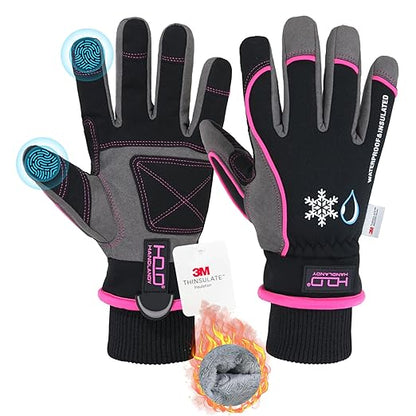 HANDLANDY Waterproof Insulated Work Gloves, 3M Thinsulate Thermal Winter Gloves for Men Women Touch Screen, Warm Ski Snowboard Cold Weather Gloves (Large, Pink)