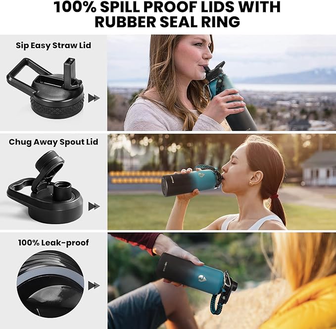 Insulated Water Bottle 40 oz, Triple Wall Vacuum Stainless Steel (Cold for 48 Hrs), Leak Proof & Non-BPA, Modern Water Flask Jug with Paracord Handle & Straw Spout Lids, Indigo/Black