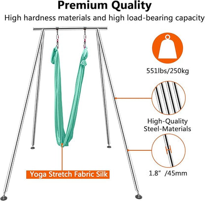 TECSPEC 9.6 FT/115.3 Inch Adjustable Height Aerial Yoga Frame & Hammock, Professional Swing Stand with 18 FT/33FT Aerial Silk, 550lbs Max Capacity