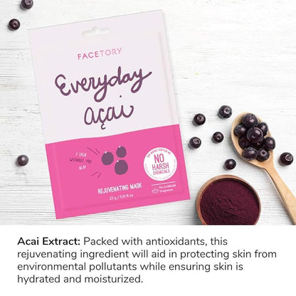 FACETORY K Beauty Face Mask Skin Care - Everyday ACAI Rejuvenating Sheet Mask | Plant-Based with Acai Infusion (5 Pack)