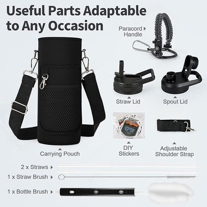 40 oz Insulated Water Bottle with Straw (Cold for 48 Hrs), Stainless Steel Triple Wall Vacuum Sports Water Jug, Leakproof Hydro Cup Flask with Paracord Handle & Straw Spout Lids & DIY Stickers