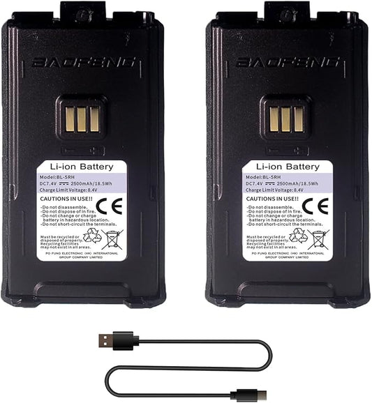 2 Pack BAOFENG UV-5RM Battery 2500mAh Enlarge Capacity UV-5RH Two 7.4V BL-5RH BL-5RH Li-ion GM-5RH Walkie