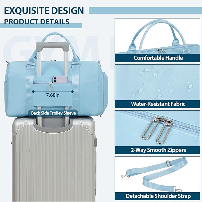 FIORETTO Womens Gym Tote Duffle Bag with Wet Pocket & Shoe Compartment, Sports Duffel Overnight Weekender Hospital Workout Carry on Bag for Girls, Ideal for Travel, Swimming, Dance, Ballet Light Blue