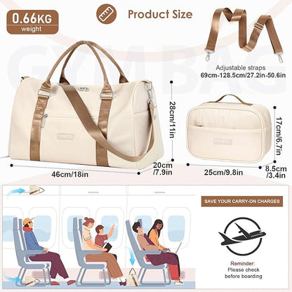 FIORETTO Womens Gym Tote Duffle Bag with Toiletry Bag, Sports Duffel Overnight Hospital Workout Carry on Bag for Girls with Wet Pocket & Shoe Compartment, Ideal for Travel, Swimming, Beige & Brown