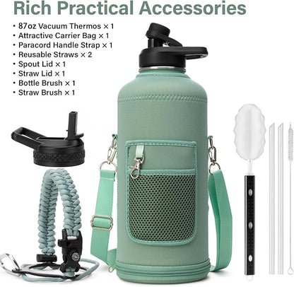 Insulated Water Bottle | Thickened Stainless Steel for Gym and Hiking with Straw, Carrier Bag, Handle Strap | BPA-Free 87 oz