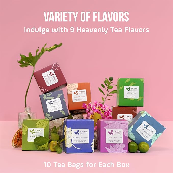 FreshDrinkUS, Premium 90 Tea Bags Sampler Assortment, 9 Different Flavors, 100% Natural Ingredients, Perfect and Well Combination Tea Gift for Tea Lovers, Friends and Family. No Additives, No Gluten, No Sugar, Vegan