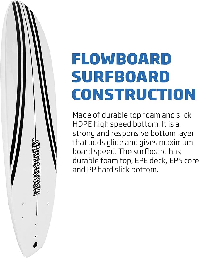 FLOWBOARD Surfboard Softboard Foam - Include (3) Fins 6’ Foot Leash and (2) Wood Stringers Inside Board Availalable in 6' and 7' Short Board and 8' Longboard