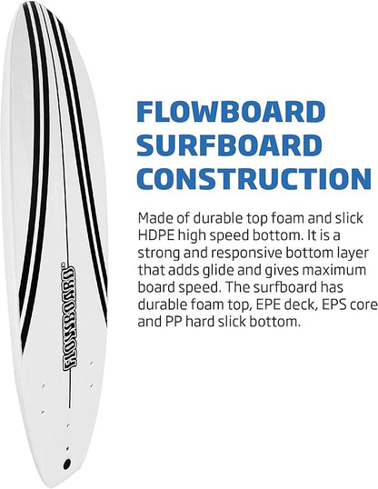FLOWBOARD Surfboard Softboard Foam - Include (3) Fins 6’ Foot Leash and (2) Wood Stringers Inside Board Availalable in 6' and 7' Short Board and 8' Longboard