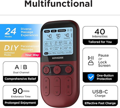 4 in 1 - D.I.Y & Tens Unit & EMS & Massage Muscle Stimulator, Dual Channel TENS Units Therapy Machine for Pain Relief, FDA Cleared Rechargeable Electronic Pulse Massager,with 12pcs Electrode Pads