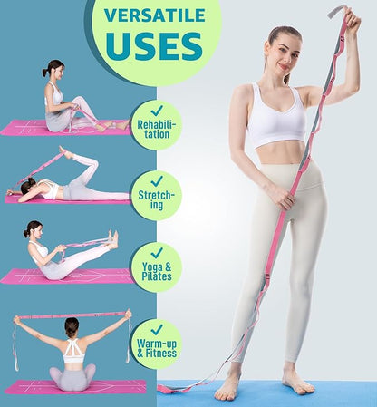 HiRui Stretching Strap Yoga Strap with Door Anchor, 14-Loops Non-Elastic Stretch Straps for Physical Therapy, Pilates, Dance, Gymnastics | Stretch Band with Workout Guide for Women & Men