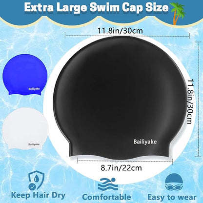 3 Pack Extra Large Swim Cap for Braids & Dreadlocks - Waterproof Silicone Swim Hat for Women with Long Thick Hair, Protective Swim Cap Cover Ears for Swimming, Shower, Bathing