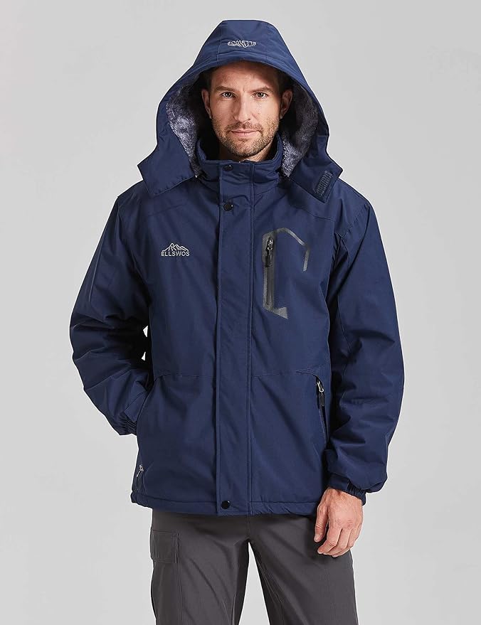 ELLSWOS Men's Waterproof Ski Jacket Winter Snow Coat Warm Hooded Raincoat Windproof Windbreakers