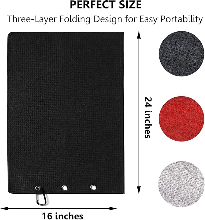 3 Pack Large Golf Towels, 16" x 24" Tri-Fold Portable Microfiber Fabric Waffle Pattern Golf Towel for Golf Bag with Carabiner Clip to Quickly Remove Sand, Mud, Dirt and Sweat