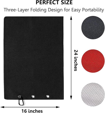 3 Pack Large Golf Towels, 16" x 24" Tri-Fold Portable Microfiber Fabric Waffle Pattern Golf Towel for Golf Bag with Carabiner Clip to Quickly Remove Sand, Mud, Dirt and Sweat