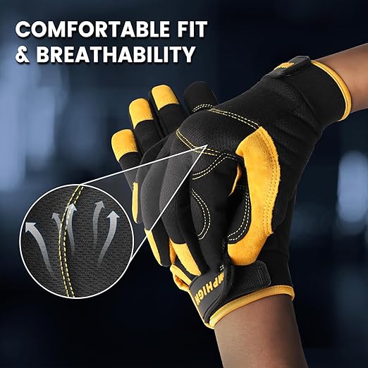 JUMPHIGH Mens Work Gloves, Synthetic Leather Mechanic Gloves, Utility, Touchscreen, Multipurpose, Construction, Warehouse, Truck Driving