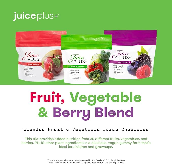 Juice Plus+ Fruit, Vegetable & Berry Blend Soft Chews (Chewables) - 30 Plant-Based Ingredients! Vegan Gummies for Kids & Adults - Gluten-Free, Non-GMO - Prepacked 3 Pouches - 30 Adult Servings Each
