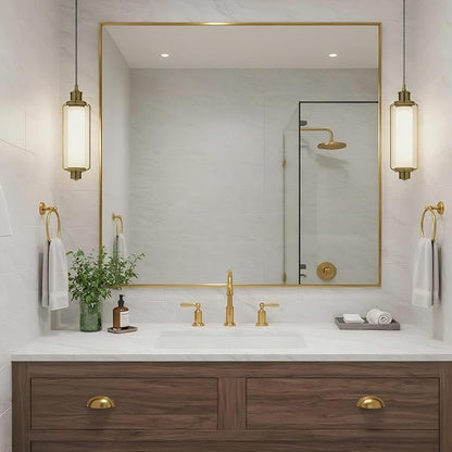 30x30 Inch Brass Bathroom Mirror for Wall, Aluminum Frame Rectangle Rectangular Vanity Mirror, Modern Large for Bedroom, Living Room, Horizontal or Vertical