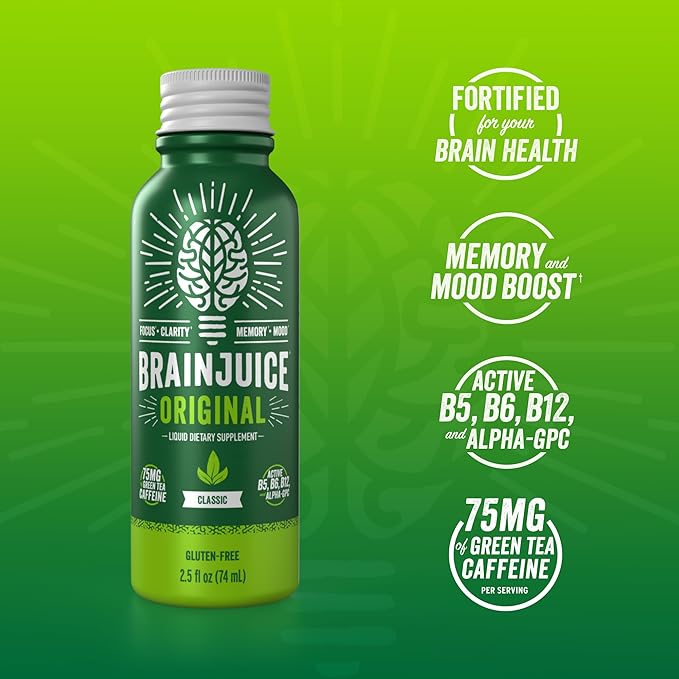 BrainJuice Focus & Energy Drink Shots, Nootropics with Alpha GPC, B Vitamins & Organic Green Tea Caffeine, Supports Focus, Memory & Clarity, Non-GMO, Gluten Free, Classic, 2.5 fl oz, 12 Pack