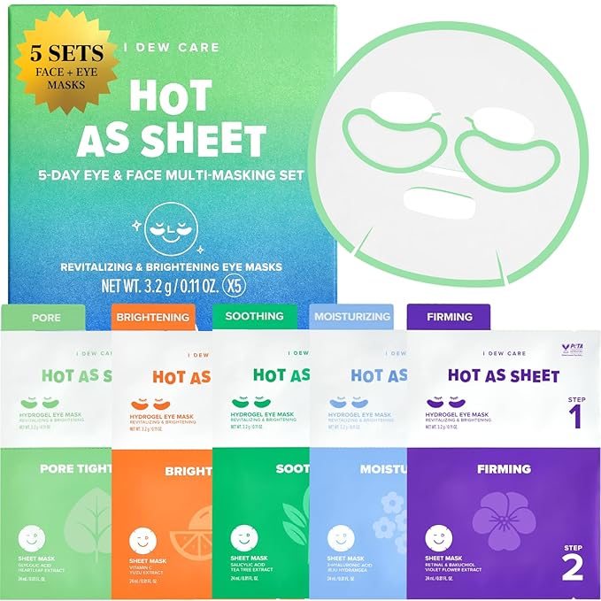 I DEW CARE Glass Skin Facial Sheet Mask Variety Pack – Hot as Sheet | 5 Days Face&Eye Masks Set, Moisturizing Face Masks Skincare, Korean Face Mask, Hydrating Collagen Face Mask, Soothing, 5EA