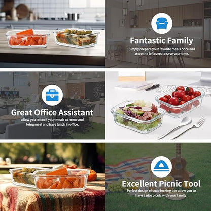 12 Pack 22oz Glass Meal Prep Containers, Food Storage Containers with Lids, Air-Tight, Leak-Resistant, Freezer to Microwave Safe - Grey Set