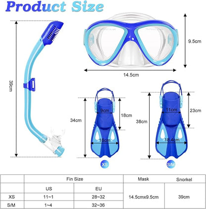 Kids Mask Fins Snorkel Set, Dry Top Snorkeling Gear for Kids Youth Boys Girls Junior Age 5-15 Tempered Glass Snorkel Mask Set Panoramic View Snorkeling Packages