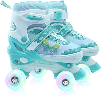 Kids Roller Skates for Girls-Outdoor 4 Size Adjustable Butterfly Quad Rollerskates for Indoor Ages 3-12 Years Beginners Children's Birthday Gift with Light Up Wheels patines para niñas Indoor