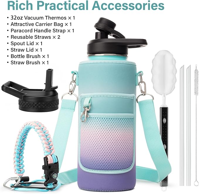 Insulated Water Bottle | Thickened Stainless Steel Vacuum Metal | Portable Sports Water Jug for Gym and Hiking with Straw, Carrier Bag, Handle Strap | BPA-Free 32 oz