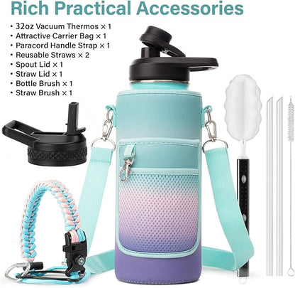 Insulated Water Bottle | Thickened Stainless Steel Vacuum Metal | Portable Sports Water Jug for Gym and Hiking with Straw, Carrier Bag, Handle Strap | BPA-Free 32 oz