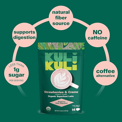 Kuli Kuli Strawberries & Crème Organic Superfood Latte - Strawberry Flavor. Packed with Psyllium Husk for Digestive Support with Hibiscus and Baobab