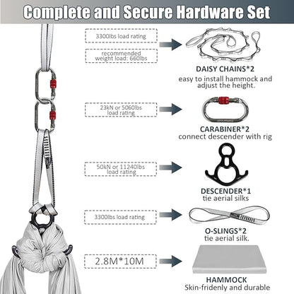 Aerial Silks Kit & Aerial Yoga Hammock - 11Yd Premium Fabric Hardware - Easy Setup for Flying Yoga, Aerial Swing & Fitness - Supports Up to 14ft Rigging
