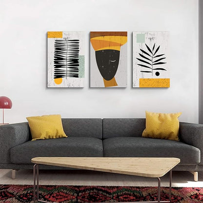 Framed Canvas Wall Art African Ethno Motive Wall Art Set, Abstract Ethno Art, African American Woman Portrait, Black Orange Print, Contemporary Collage, Minimalist (A-3pcs,16x24inchx3pcs)