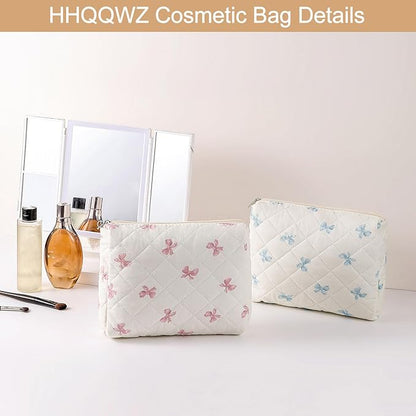 Large Quilted Cotton Makeup Bag Cosmetic Bag for Women, Cute Large Floral Cotton Travel Cosmetic Bag, Zipper Toiletry Bag Makeup Organizer Storage Bag (Blue Bow Tie)
