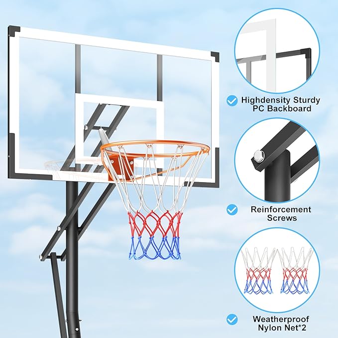 10FT Basketball Hoop Adjustable Easily, Basketball Hoop Outdoor with Shatterproof PC Backboard, Portable Basketball Hoops & Goals for Kids/Teens/Adults in Backyard, Driveway and Court