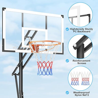 10FT Basketball Hoop Adjustable Easily, Basketball Hoop Outdoor with Shatterproof PC Backboard, Portable Basketball Hoops & Goals for Kids/Teens/Adults in Backyard, Driveway and Court
