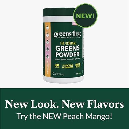 Greens First Original Greens Powder - 49 Superfoods - Organic Fruits & Veggies - Prebiotics, Probiotics & Digestive Enzymes - Antioxidant Smoothie - Dairy Free/Vegan/Non-GMO (Peach Mango, 60 Servings)