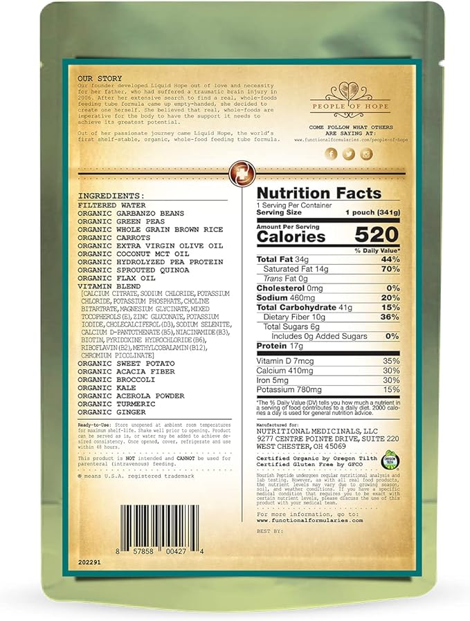 Functional Formularies Nourish Peptide Organic Tube Feeding Formula and Nutritional Meal Replacement Supplement, 12 Oz Pouch, Pack of 24