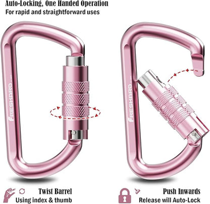 FresKaro 3inch 12kN-2698lbs Auto Locking Carabiner Clips, Solid D Shape, Heavy Duty 7075 Aluminum, Lightweight 1.09oz, Rust Proof, for Hammock, Hiking, Dog Leash, Keychain etc., Multi-Colors