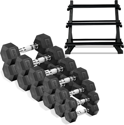 Ritafer 6-10 Pair Hex Rubber Dumbbell Set 350/450 and 550 lbsï¼?-50 lbs ）Hand Free Weight for Strength Coated Encased Iron Weights with Dumbbells Storage Rack Home Gym