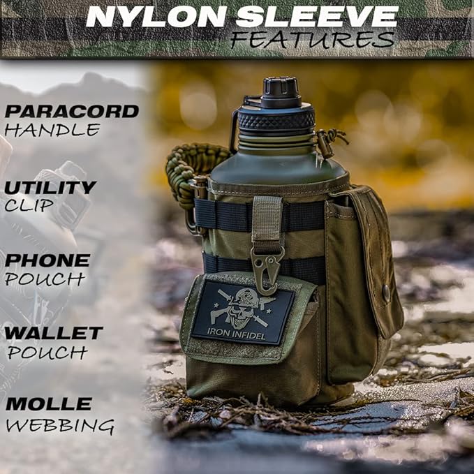 Iron Infidel Battle Bottle - Half Gallon Insulated Water Bottle with Paracord Handle, Large 64 oz Stainless Steel Water Jug with Rugged, Removable Sleeve for Keys, Wallet & Phone (Gangrene 2L)