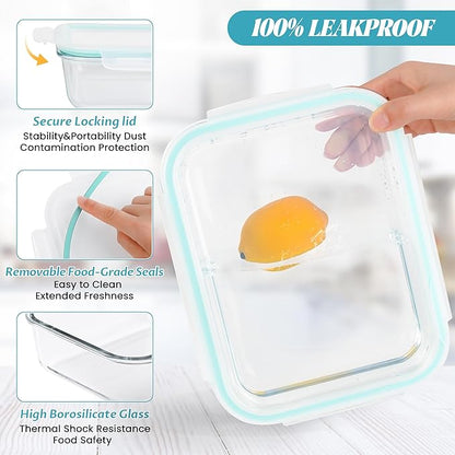 2Pack 9.8 Cups/ 78 Oz Large Glass Food Storage Containers with Lids, Glass Meal Prep Containers with Airtight Lids - BPA Free, Leakproof, Ideal for Food Storing/Serving, Microwave/Oven Safe