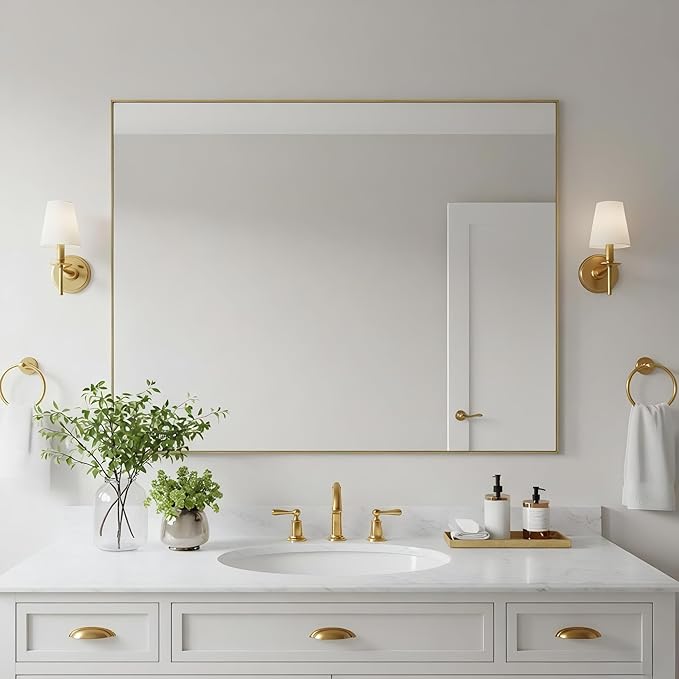 30x40 Inch Brass Bathroom Mirror for Wall, Aluminum Frame Rectangle Rectangular Vanity Mirror, Modern Large for Bedroom, Living Room, Horizontal or Vertical
