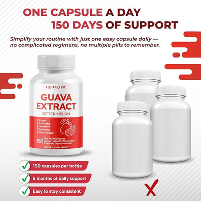 Guava Extract & Bitter Melon – Rich in Antioxidants, Supports Healthy Metabolism & Digestive Health – with Ginger, Artichoke, Cinnamon, Gymnema & Black Pepper – 150 Capsules
