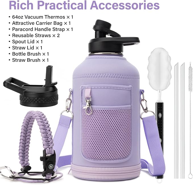Insulated Water Bottle | Thickened Stainless Steel Vacuum Metal | Portable Sports Half Gallon Large Water Jug for Gym and Hiking with Straw, Carrier Bag, Handle Strap | BPA-Free 64 oz