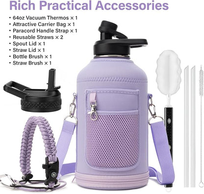 Insulated Water Bottle | Thickened Stainless Steel Vacuum Metal | Portable Sports Half Gallon Large Water Jug for Gym and Hiking with Straw, Carrier Bag, Handle Strap | BPA-Free 64 oz