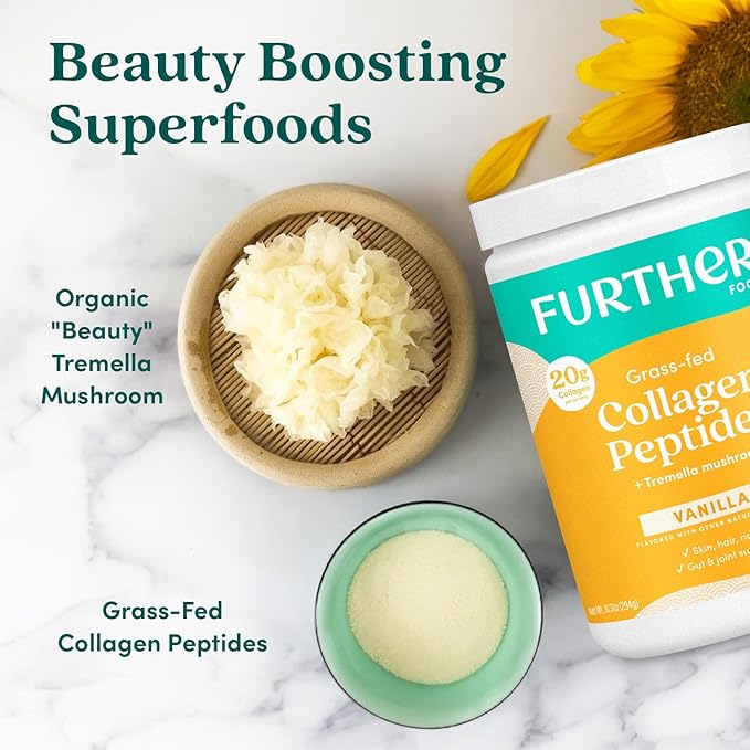 Further Food Vanilla Collagen Peptides Powder Stick Packs, Grass-Fed Pasture-Raised Hydrolyzed Type 1 & 3 Protein, Gut Health + Joint, Hair, Skin, Nails, Paleo Keto Sugar-Free 8.89 oz