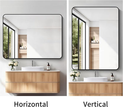 FORBATH Large Bathroom Mirror 48 x 36 Inches，Black Large Wall Mirror Aluminum Frame Wall Mounted Rounded Corner Morndern Mirror for Bathroom Bedroom Entryway Living Room