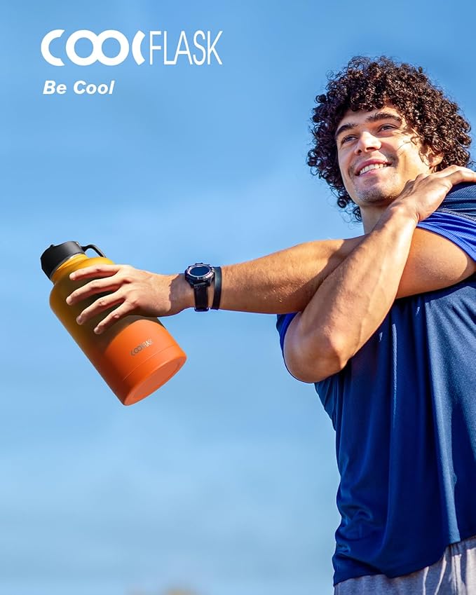 Half Gallon Water Bottle Insulated with Straw & 3 Lids, Coolflask 64 oz Water Jug Large Metal Stainless Steel Wide Mouth for Sports, Gym or Office, Non-BPA Keep Cold 48H Hot 24H, Ombre Yellow/Orange